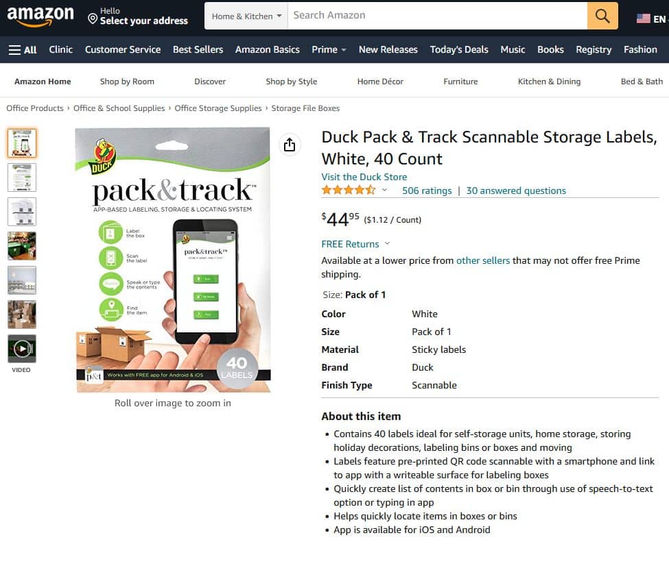 Duck Pack & Track Scannable Storage Labels